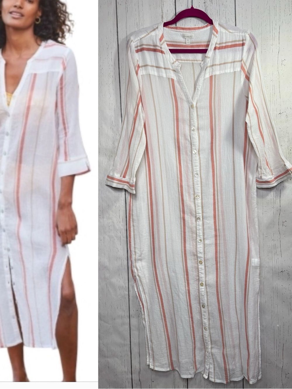 Garnet Hill Organic Cotton Striped Button Front Midi Dress Coastal Grandma Beach
